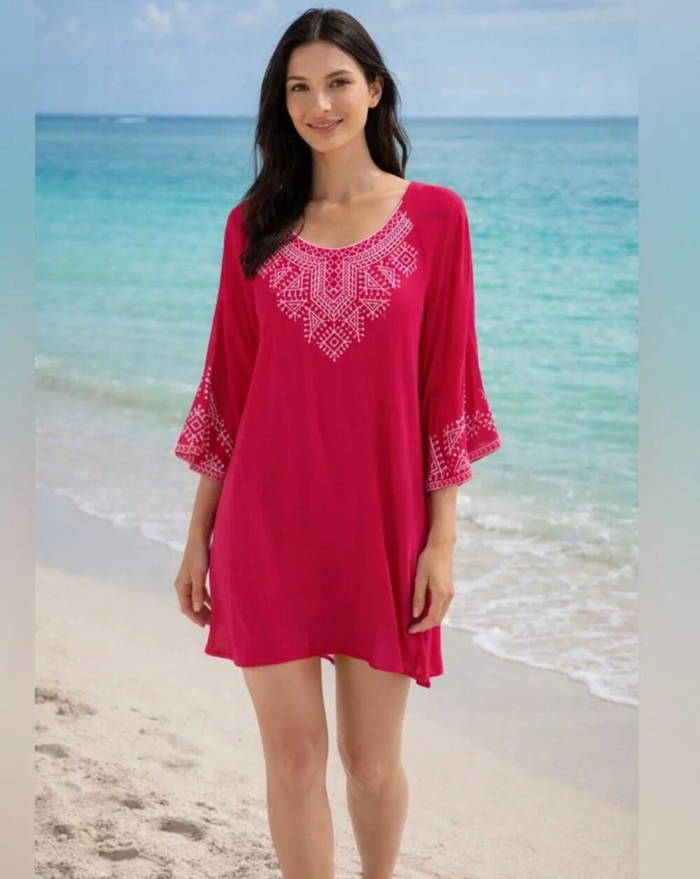 Monoreno Womens S Pink White Embroidered Boho Swim Coverup Tunic Beach Top